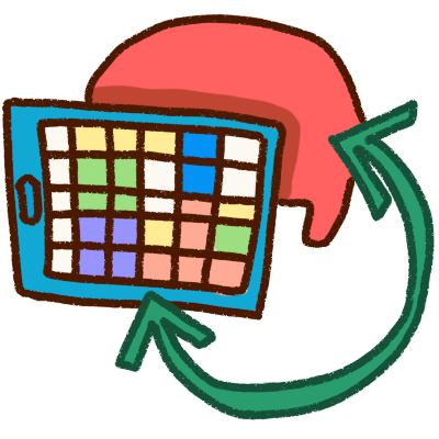 a green double-sided arrow pointing between a simplified pink brain and an AAC device with a blue case and 5 by 6 grid with different colored buttons.